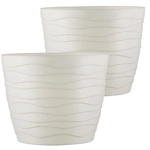 Tymar Blumentopf, 2er-Pack, runde Form, Pflanzgefäß, Pflanzkübel für Innen, Pflanztopf aus Kunststoff, Leichter, Doppelpack,mit 3D-Wellendesign (15 cm, Creme)