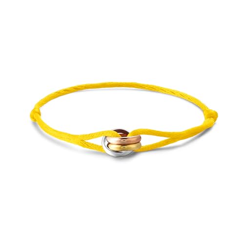 Kim Johanson® Pulsera de cuerda náutica para mujer, tricolor, color amarillo, pulsera de cordón con anillo de acero inoxidable en plata, oro y oro rosa, resistente al agua, ajustable, joya bohemia