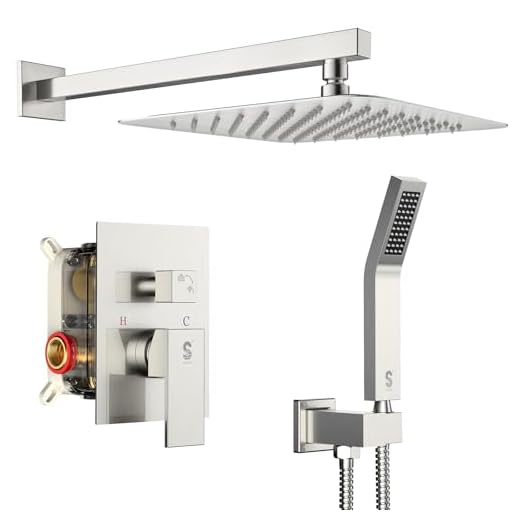 SR SUN RISE 12 Inches Bathroom Luxury Rain Mixer Shower Combo Set Wall Mounted Rainfall Shower Head System Brushed Nickel Finish Shower Faucet Rough-In Valve Body and Trim Included