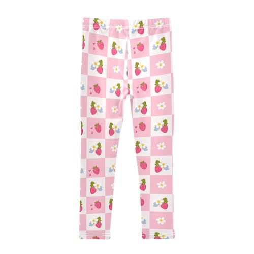 Girls' Athletic Leggings Ankle Length Yoga Dance Pants Kids Teen 4T Flower Plaid Strawberry2