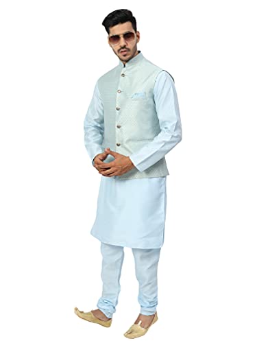 Image of Uri and MacKenzie Men's Silk Blend Regular Kurta Churidar Pyjama with Bundi Nehru Jacket /Waistcoat