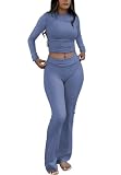 ZFLM Casual Workout Two Piece Outfits Long Sleeve High Waist Fold-Over Flared Leggings Pants Tracksuit Sets Streetwear