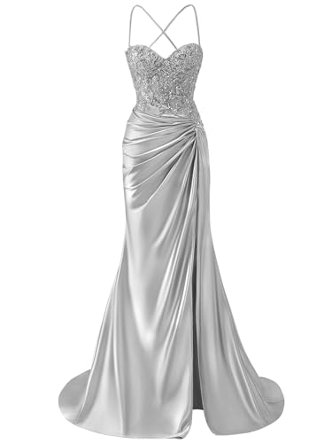 BOLENSYE Corset Prom Dresses Long Satin Lace Appliques Ball Gowns Mermaid Evening Dress with Slit