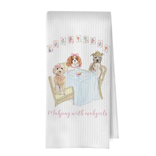 Image of Mahjong Dogs Kitchen Towel - Mahjong Dogs Decorative Waffle Dish Towels, Gifts for Mahjongg Cocktail Lovers Hand Towels, Funny Tea Towel for Kitchen, 16x24 Inch