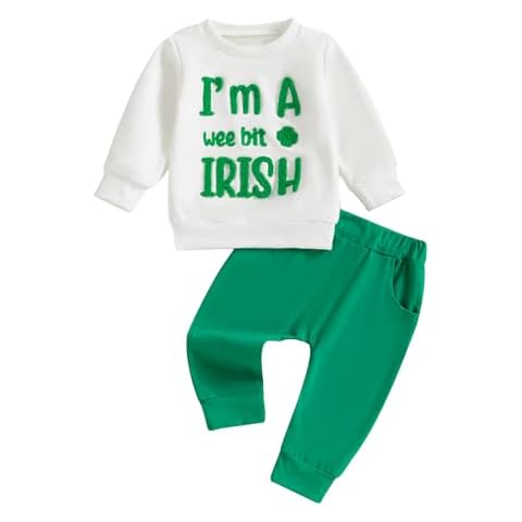 Bagilaanoe Toddler Infant Baby Boy St. Patrick’s Day Outfit Clover Letter Long Sleeve Sweatshirt Pants Set (Green, 18-24 Months) Cover