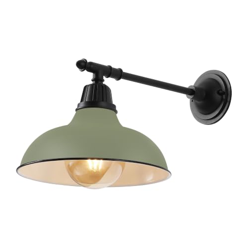 Image of JONATHAN Y Wallace 1-Light Outdoor 12.25 inch Wall Sconce, Olive Green /Black | Industrial Farmhouse Metal Gooseneck Barn Light, Victorian Arm, Wet Rated, Bowl Shade, LED Bulb Included, Vintage Porch Lamp
