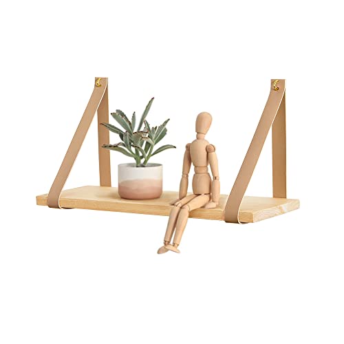 Mkono Hanging Shelf Wall Wood Floating Storage Shelves Leather Strap Swing Organizer for Nursery Bedroom Living Room Bathroom Dorm, Set of 2