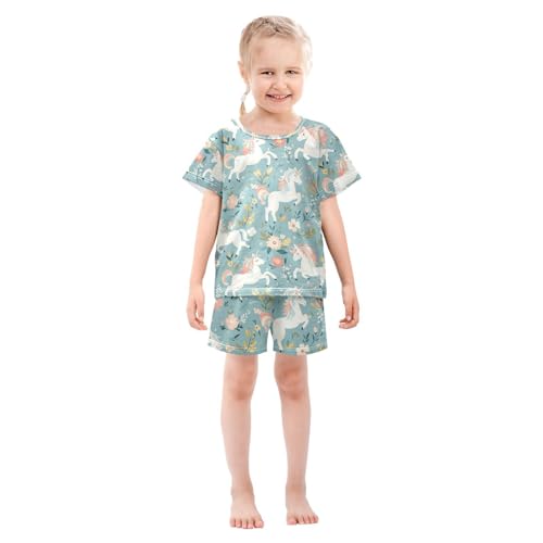 ALAZA Flower Unicorn Cartoon Floral Pajamas Set Short Sleeve Cotton Sleepwear Summer Pjs 2 Piece 5-14Y3