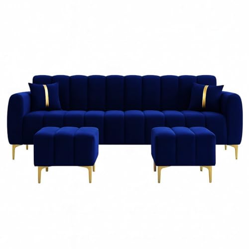 Image of Harmonica 3 Seater Modular L Shape Sofa Set with 2 Ottoman| Soft Velvet Upholstery, Sturdy Wooden Frame | Modern Sofa for Living Room, Hall & Office Spaces (Dark Blue)