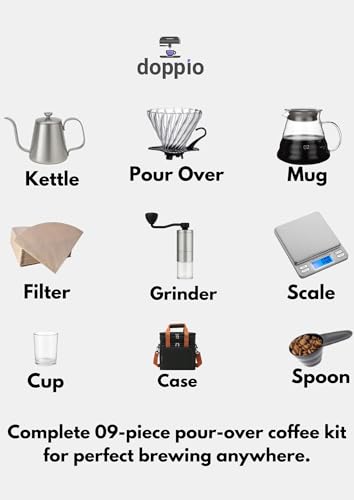 Image of DOPPIO Coffee Maker Dripper Set, 9-Pcs Pour Over Coffee Maker Brewing Set with 600ml Glass, Gooseneck Kettle, V60 Glass, Dripper & Carry Case,Gift-Grey (Premium Kit) for Home,Office & travelling
