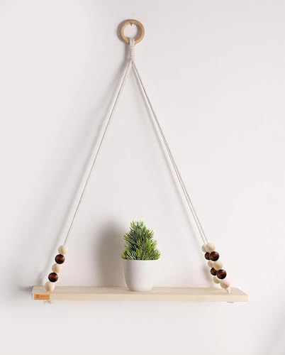 Image of Hanging Shelf with Magic Hook, Use Decor Plants, Books, Decorative Gift Items Nursery Livingroom Wooden Beads & Ring Woven Bohemian Chic for Dorm (Multicolor Beads, Medium)