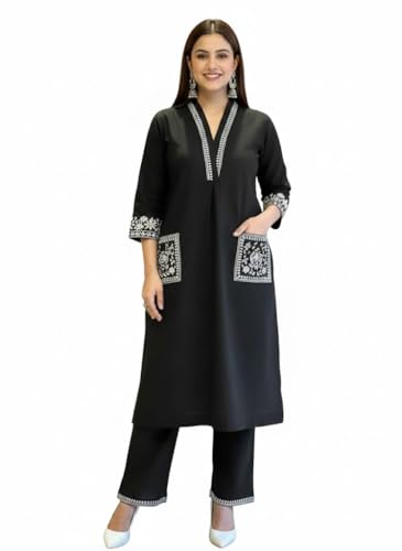 Image of SHEINZY Women's Embroidered Kurta Set with Pants | 3 /4 Sleeve V-Neck Kurti with Floral Thread Work | Ethnic Indian Wear for Casual & Festive Occasions | Comfortable Co-ord
