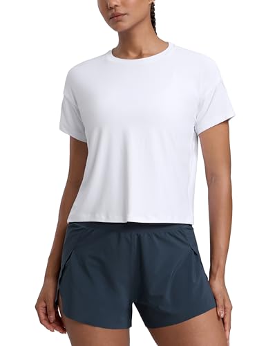 CRZ YOGA Cloudweight High Neck Workout Tops for Women Basic Athletic Lightweight Short Sleeve Shirts Loose Running T-Shirt