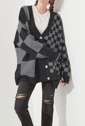 CHARTOU Women Slouchy Checkered Cardigan Oversized Open Front Cardigan Sweater Plaid Knit Outwear Coat2