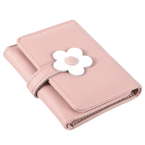 Cute Small Wallet for Teen Girl Trifold Wallets for Women flowers PU Leather Small Wallet Mini Leather Cash Pocket Card Holder Purse with Buckle & Clear ID Window(Pink)