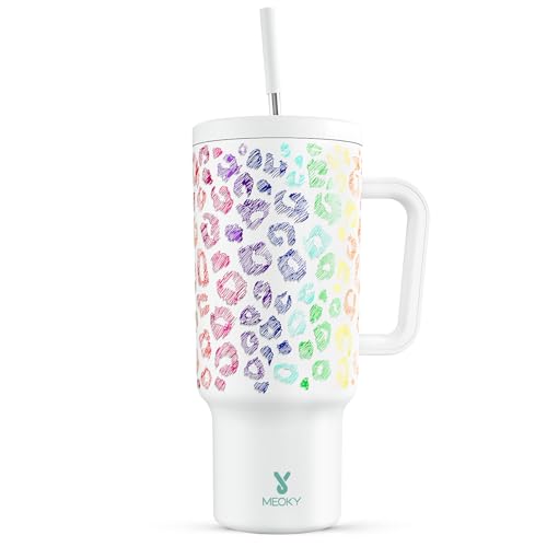 Meoky 40 oz Tumbler with Handle and Straw, Tumbler with Lid and Straw, Insulated Stainless Steel Travel Mug, 100% Leak-proof, Keeps Cold for 34 Hours or Hot for 10 Hours (Kiss)