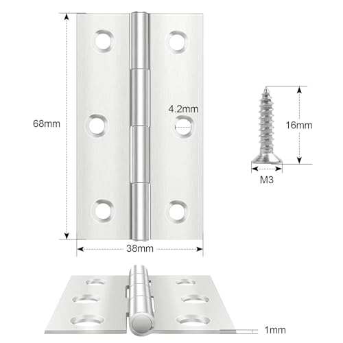 8 Stück Scharniere Klappbar 68mm × 38mm, Leryati Scharnier Edelstahl Klappbar Scharnierband Klein Türscharnier für Türen Fenster, Klavierband Scharnier mit 48 Stück Schrauben