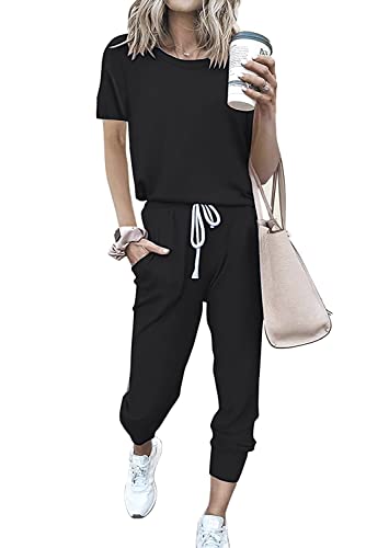 PRETTYGARDEN Women Summer Two Piece Outfits Striped Short Sleeve Pullover and Long Pants Tracksuit Travel Pajama Lounge Set
