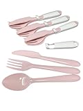 Plastikbesteck Set mehrweg - 4 Sets ROSA | Messer Gabel Löffel und praktischer Halter | outdoor Besteck to go | Plastikbesteck Set Picknick, Camping, Lunchbox für 4 Personen | 3 Farben verfügbar