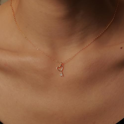 LOVECOM Heart Key Necklaces for Women 14K Gold Plated Love Heart Charm Pendant Necklace 925 Sterling Silver Key Chain Necklace Jewelry Christmas Gifts for Couple Girlfriend Daughter2