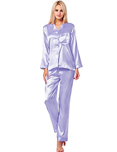 Image of SWOMOG Long Sleeve Pajamas Set Silk Satin Sleepwear Button Down Pjs Loungewear with Pocket Lavender Large