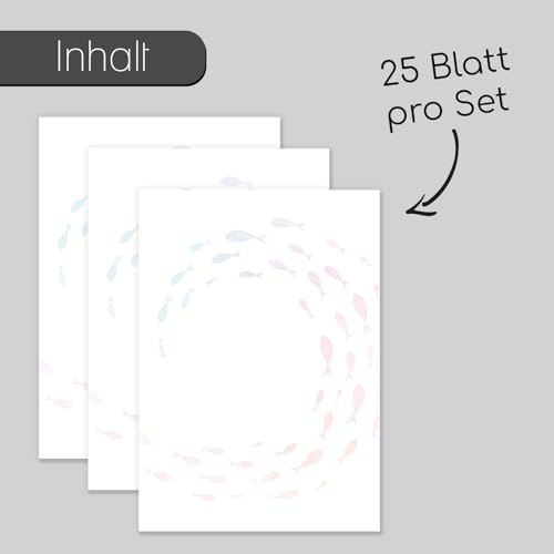 younikat Briefpapier 25 Blatt mit bunten Fischen I DIN A4 I doppelseitiges Motiv I zum bedrucken und beschreiben I für Kommunion Konfirmation Firmung Taufe I Einladungen I dv1202