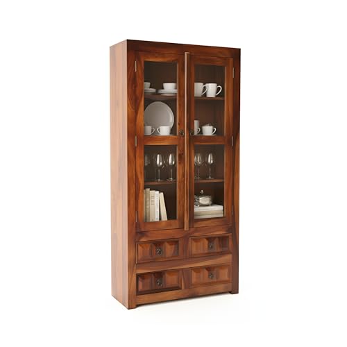 Image of SONA ART & CRAFTS Solid Sheesham Wood Crockery Cabinet Kitchen Display Rack with Door for Kitchen Study Room Bookshelf and Home Cabinet Furniture- Teak Brown Finish