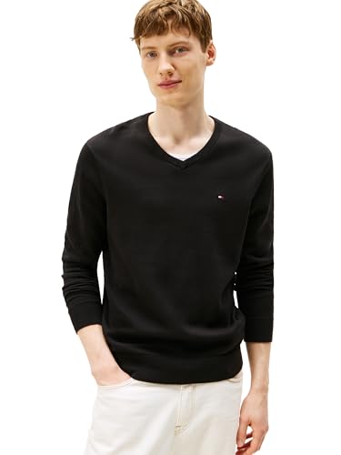 Tommy Hilfiger Men's Cotton Solid V Neck Sweater Lightweight Pullover