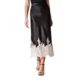 Kalamet Women's Satin Midi Skirt with Lace Hem Elegant Black Bias Cut A-Line Skirt for Work, Parties & Daily Wear