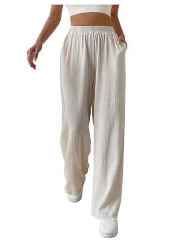 Verdusa Women's Linen Pants Elastic High Waisted Wide Leg Casual Loose Trousers with Pockets