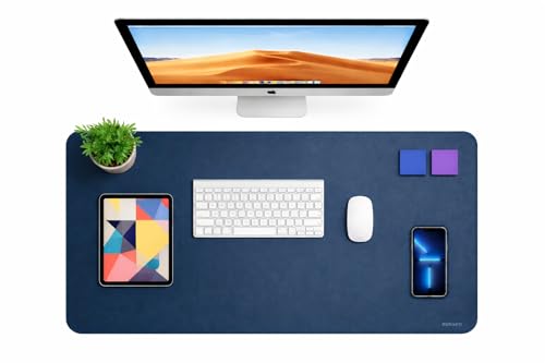 Image of Reversible Desk Mat 90x45 CM - Large Vegan Leather Office Desk Pad | Mouse Pad for Work from Home & Office | Anti-Slip Leather | Waterproof, Splash-Proof Desk Accessories (Sky Blue & Orange)