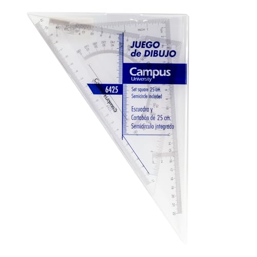 Campus – Set de Reglas para Dibujo Técnico, Juego de Reglas con Estuche para Dibujo Técnico con Cartabón y Escuadra con Transportador de Ángulos Integrado, Kit de Dibujo Técnico y Geometría (25cm)