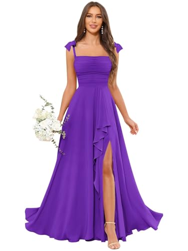 Women's Chiffon Ruffle Bridesmaid Dresses for Wedding Square Neck Long Formal Dress Evening Gown with Slit