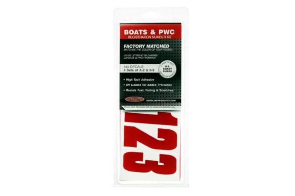 Image of Hardline Products USA Series 350 Boat, Pontoon, Center Console & PWC Registration Number Kit, 3-Inch Solid Red Lettering, USCG Approved, 4 Sets A-Z & 0-9 (146 Decals)