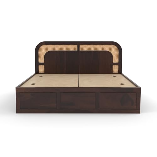 Image of Sheesham Wood Cane Bed with Box Storage for Bedroom | King Size Wooden Double Bed Palang with Curved Rattan Headboard (Walnut Finish)