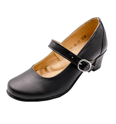 165 - Zapatos de cuero con tacones de las mujeres con correa, Negro , 36 EU