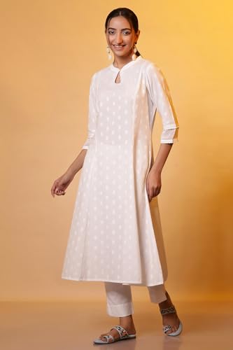 Image of Aurelia White Floral Printed Printed Cotton-Rayon Blend Regular Kurta for Women