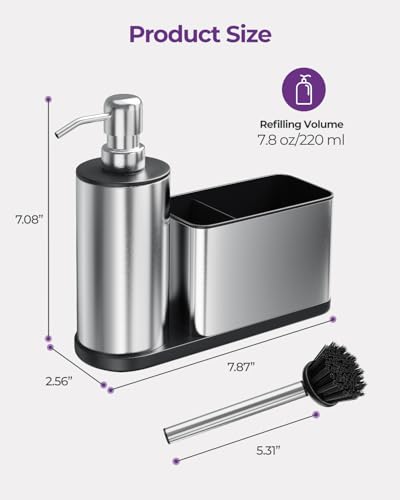 Oriware Kitchen Sink Caddy with Soap Dispenser, Multi-Purpose Liquid Dish Soap Dispenser with Brush and Stainless Steel Sponge Holder - Image 4