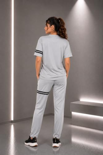 Image of Women's Sports T-Shirt and Lower Set, Short Sleeve Athletic Top with Matching Track Pants, Activewear Set for Gym, Running, Exercise, Fitness and Daily Wear