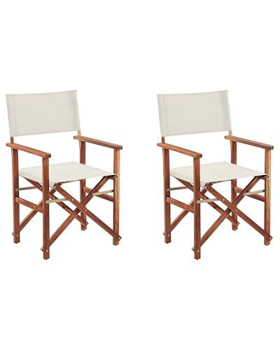Conjunto de 2 sillas de jardín de Tela Blanco Roto Madera de Acacia Oscura Plegable Director Cine