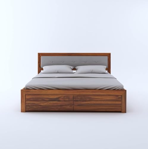 Image of Ganpati Arts Solid Sheesham Wood Euro King Size Bed with Hydraulic Storage and Upholstered Headboard | Wooden Double Bed Cot Palang Furniture for Bedroom, Living Room, Home and Hotel (Natural Finish)