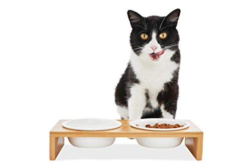 PiuPetu00ae Katzennapf - Napf für Katzen und kleine Hunde - Futternapf Katze mit stylischen Bambus Gestell - Erhöhte Futterstation Katzen - Katzenbar