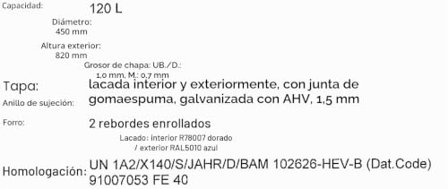Miniatura 6 de Plasteo Barril De Acero Hobbock, Tapa De Chapa De Acero, Apto Para Extracción De Polvo Ciclónico, Barril De Chapa Metálica, Homologación Un, Fabricado En Alemania 120 Litros