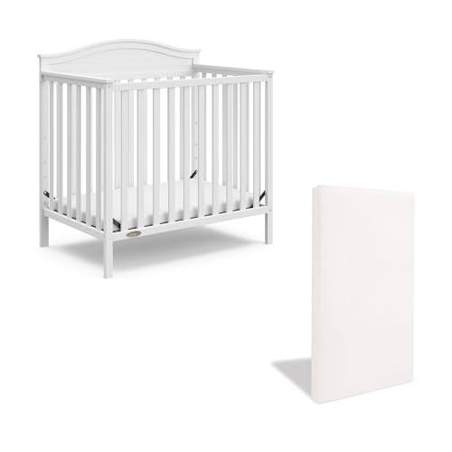 Graco Stella 4-in-1 Convertible Mini Crib with Bonus Mattress (White) – Includes Bonus 2.75 Inch Thick Mattress with Water-Resistant Cover, Converts to Twin Bed, Ideal Crib for Small Spaces