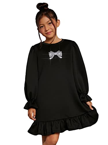 WDIRARA Girl's Bow Print Rhinestone Flounce Sleeve Crew Neck Ruffle Hem Smock Dress