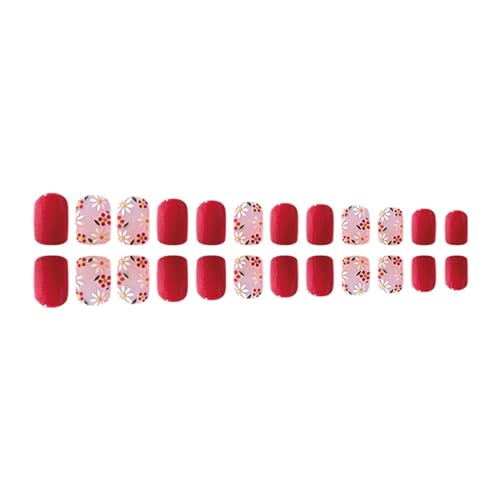 Image of Red Press on Nails Short Square Fake Nails Flower False Nails with Design Colorful Floral Stick on Nails Full Cover Glossy Acrylic Nails with Nail Glue Cute Artificial Nails for Women Manicure 24Pcs