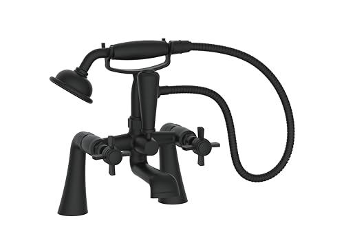 VeeBath Ripple Traditional Telephone Bath Shower Mixer Tap with Kit – Matt Black Finish, Dual Lever Control, G3/4" Inlet, Bath Sink Tap with Shower Attachment, Victorian Style Bathroom Tap