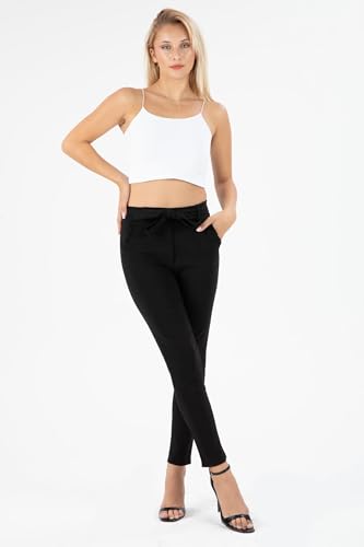 Kendindza Damen Stretch Hose Elegant Mit Schleife - High Waist Stoffhose für Business, Lang Schlupfhose in Schwarz, Größe L