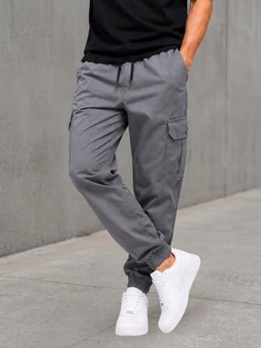 Image of Men's Cotton Cargo Pants | Cargo Trousers with Flap Buttoned Pocket | Elastic Waist Drawstring Casual Cargo Pants | Regular Fit Outdoor Travel Streetwear Bottom Wear