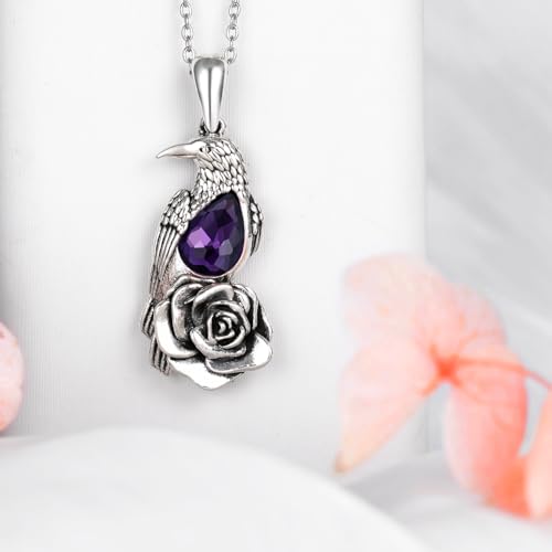 Raven Necklace with Crystal 925 Sterling Silver Rose Flower Crow Pendant Jewelry for Women3